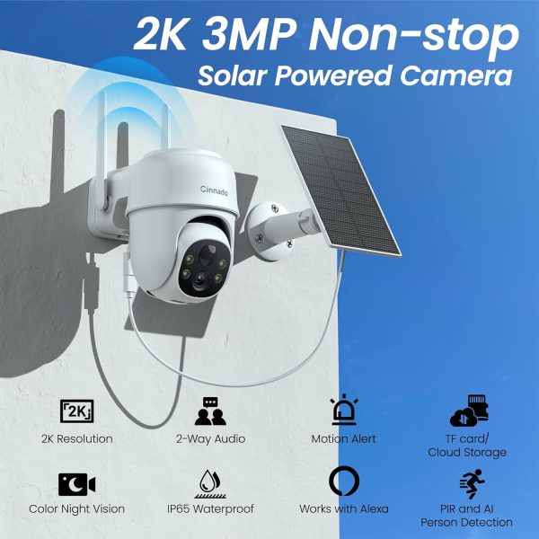 2K Cameras for Home Security-2.4G WiFi Outdoor Camera Wireless Solar/Battery Powered with solar panel, 360° Viewing, AI Human Detection, Color Night Vision, with SD Storage, Works with Alexa(2 Pack) - Image 2