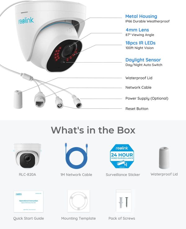 REOLINK 4K Security Camera Outdoor System, IP PoE Dome Surveillance Camera with Human/Vehicle Detection, 100Ft 8MP IR Night Vision, Work with Smart Home, Timelapse, Up to 256GB SD Card, RLC-820A - Image 6